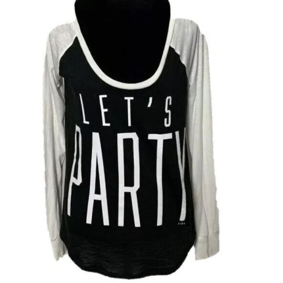 VS PINK Graphic Tee Size M Lets Party Long Sleeve Scoop Lounge Shirt Dorm Life - Picture 9 of 10